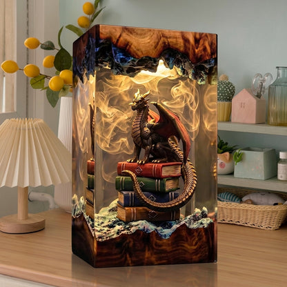 Handcrafted Dragon on Books Epoxy Resin Lamp