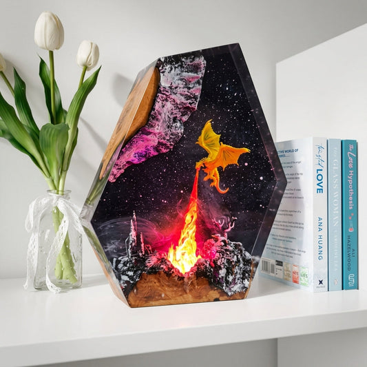 Fire Dragon Epoxy Resin Wood Night Light Galaxy Table Lamp