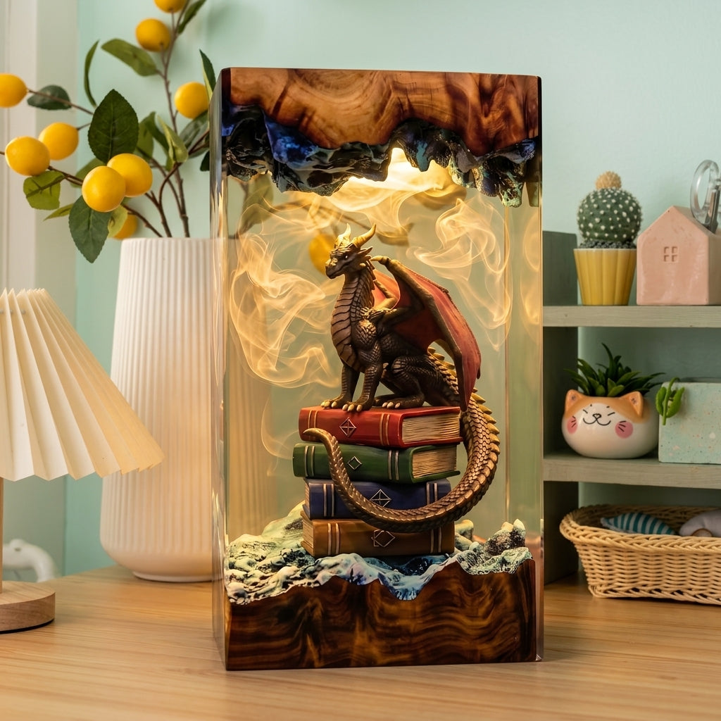 Handcrafted Dragon on Books Epoxy Resin Lamp