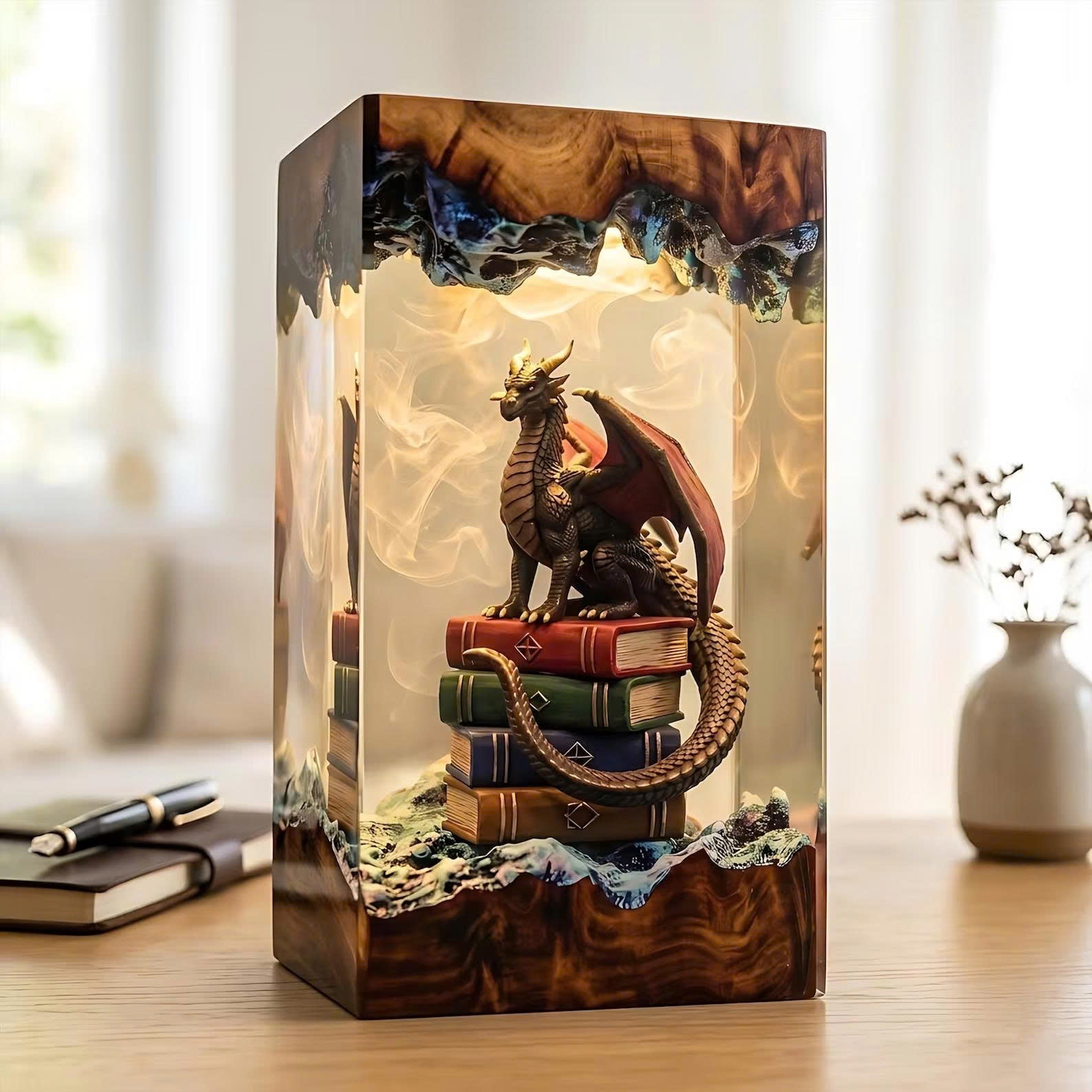 Handcrafted Dragon on Books Epoxy Resin Lamp