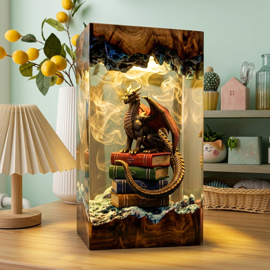 Handcrafted Dragon on Books Epoxy Resin Lamp