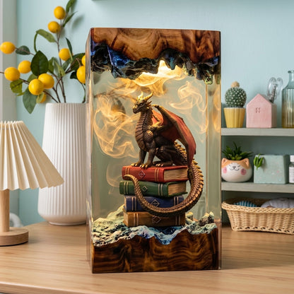 Handcrafted Dragon on Books Epoxy Resin Lamp