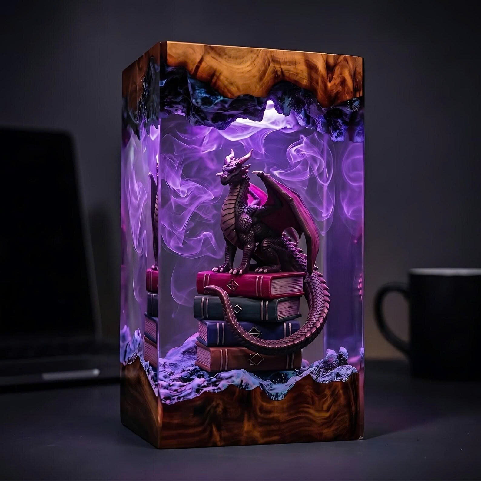 Handcrafted Dragon on Books Epoxy Resin Lamp