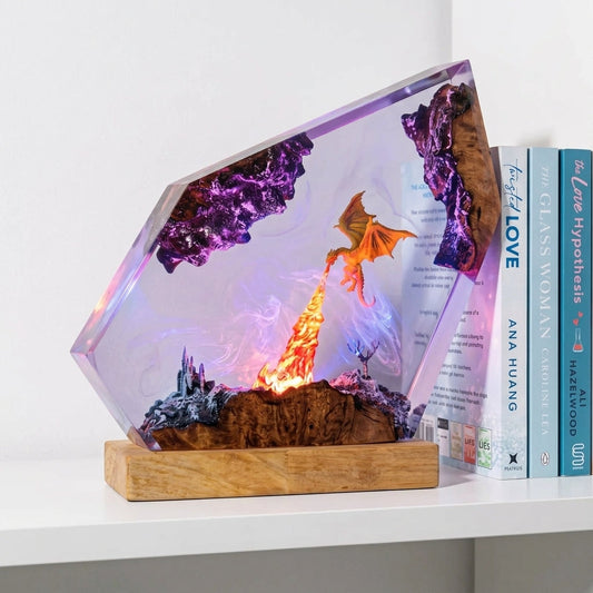 Fire Dragon Castle Epoxy Resin Wood Night Light Geometric Art Lamp