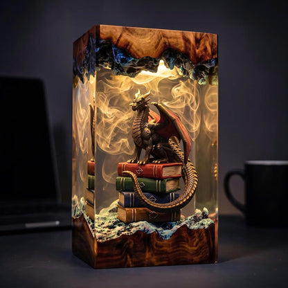 Handcrafted Dragon on Books Epoxy Resin Lamp