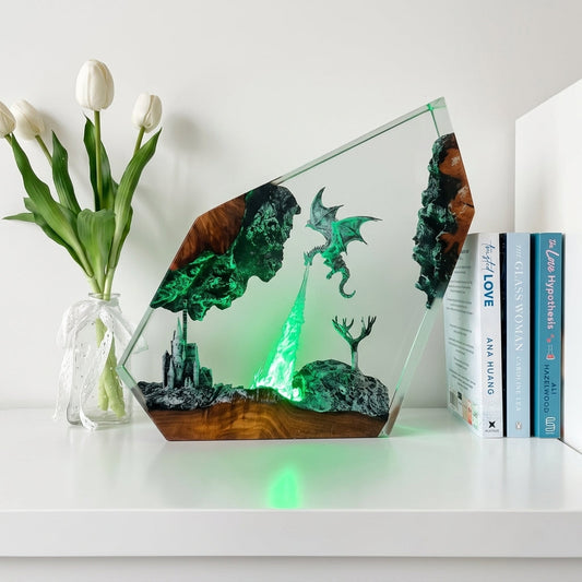 Gray Dragon Firestorm Epoxy Resin Cube Night Light Castle Lamp