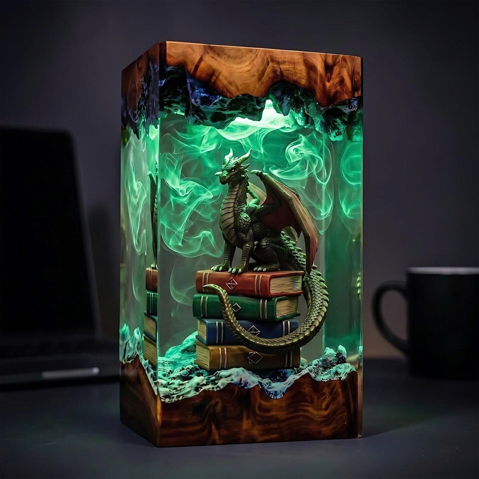 Handcrafted Dragon on Books Epoxy Resin Lamp