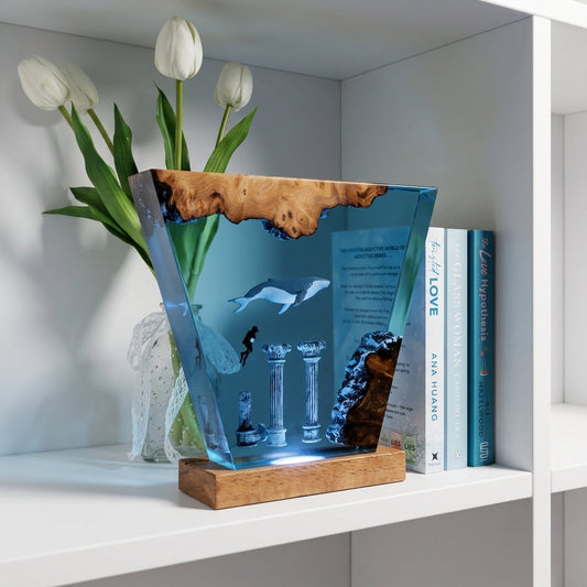 Atlantis Ruins Whale Epoxy Resin Wood Night Light with Scuba Diver