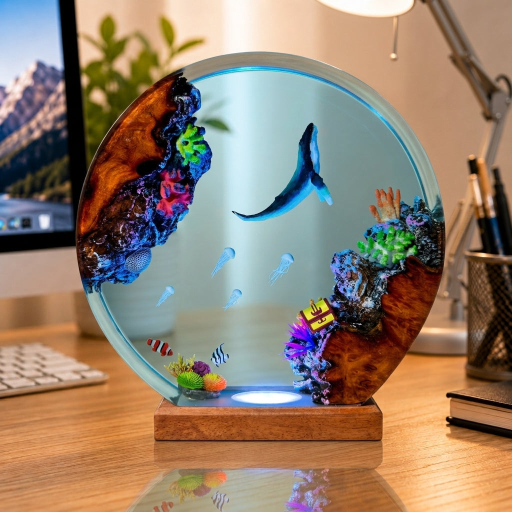 Blue whale and jellyfish night light – decorative ocean-themed lamp
