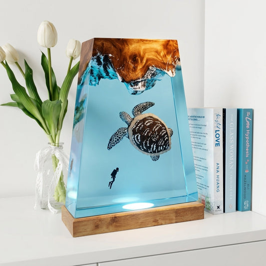 Giant Sea Turtle Epoxy Resin Wood Night Light with Scuba Diver
