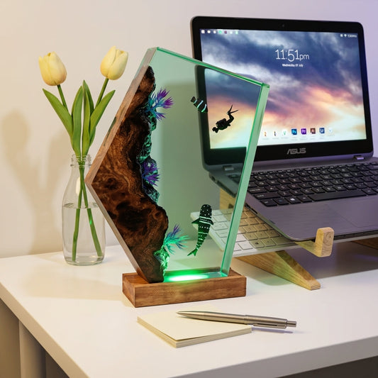 Whale Shark Epoxy Resin Wood Night Light with Scuba Diver