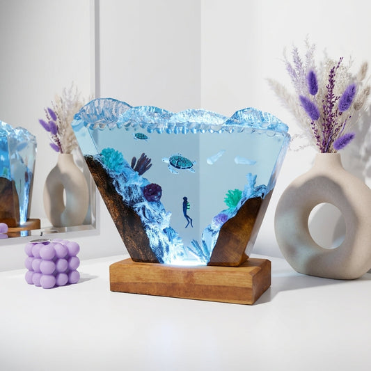 Ocean Wave Epoxy Resin Night Light with Diver and Sea Turtle