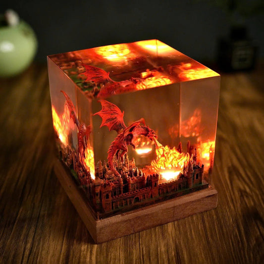 Red Dragon Firestorm Epoxy Resin Cube Night Light Ancient City Lamp